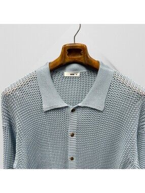 Wego WEGO Japan M Medium Open Knit hawaiian Shirt Cotton Light Blue 22x28